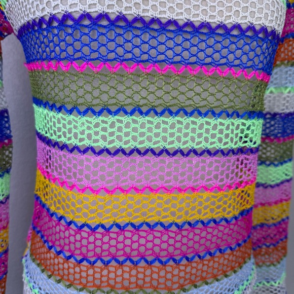 Crochet Rainbow Striped Mesh Long Sleeve Top Women's Multi Color Sheer Festival - Picture 5 of 8